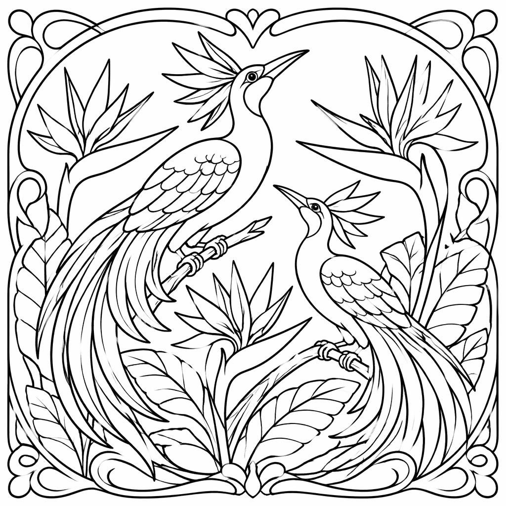 Schwarz-weißes Ausmalbild mit detailreichen Paradiesvögeln im Jugendstil, klare dicke Konturen auf weißem Hintergrund.