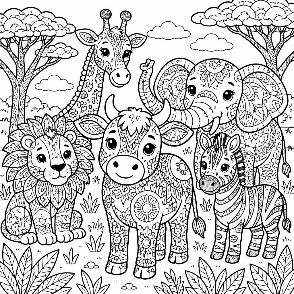 Illustration à colorier en noir et blanc d’une vache style zentangle, entourée d’animaux de safari en dessin cartoon.