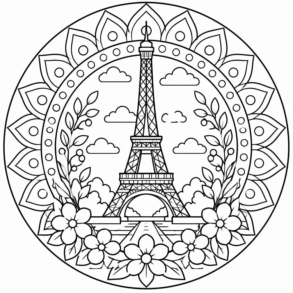 Schwarz-weiße Mandala-Lineart mit geometrischen Formen und botanischen Elementen zum Ausmalen auf weißem Hintergrund.