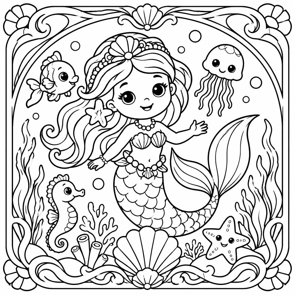 Ilustración para colorear en blanco y negro de una sirena bajo el mar, con líneas gruesas y estilo infantil.