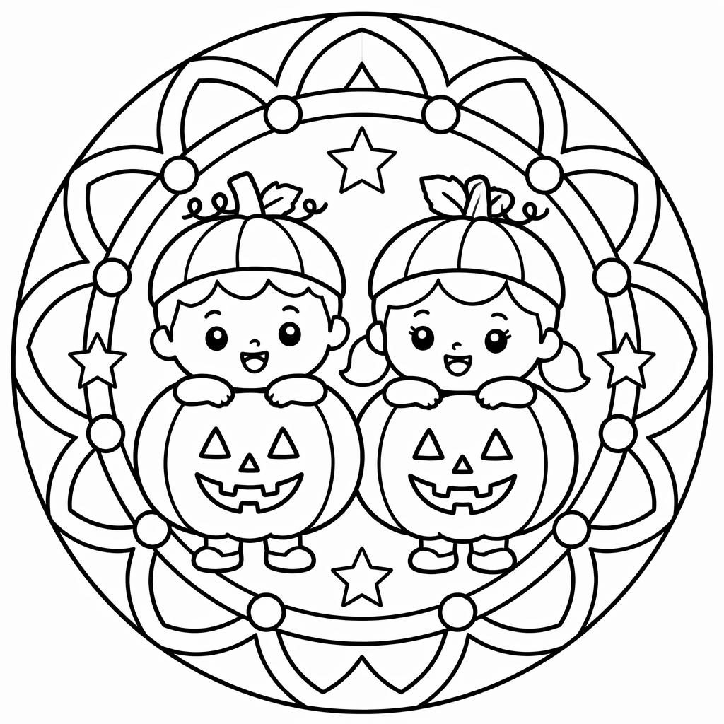 Ilustración para colorear en blanco y negro de niños con una calabaza de Halloween, líneas gruesas y formas simples.