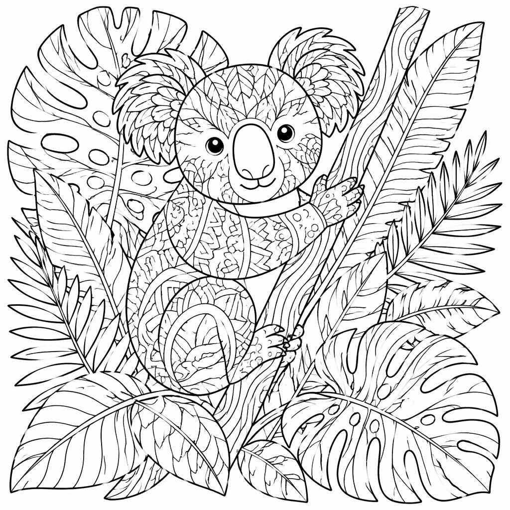 Ilustración para colorear en blanco y negro con hojas tropicales estilo zentangle, contornos limpios y fondo blanco.