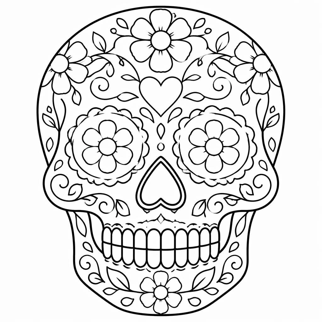 Ilustración en blanco y negro de una calavera de azúcar del Día de Muertos, con contornos simples y limpios.