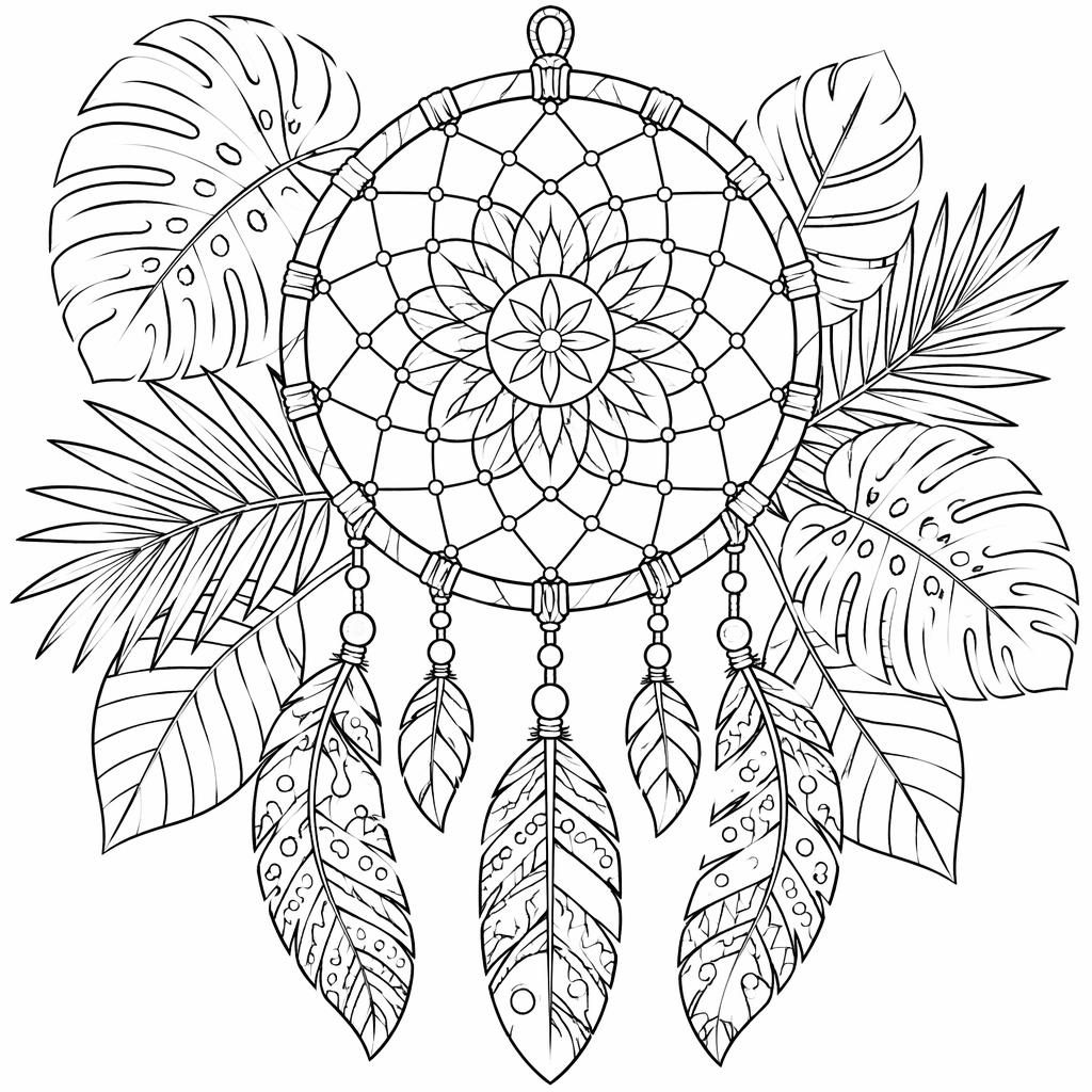 Black-and-white coloring page with tropical leaves in a simple zentangle mandala line-art style on a white background.