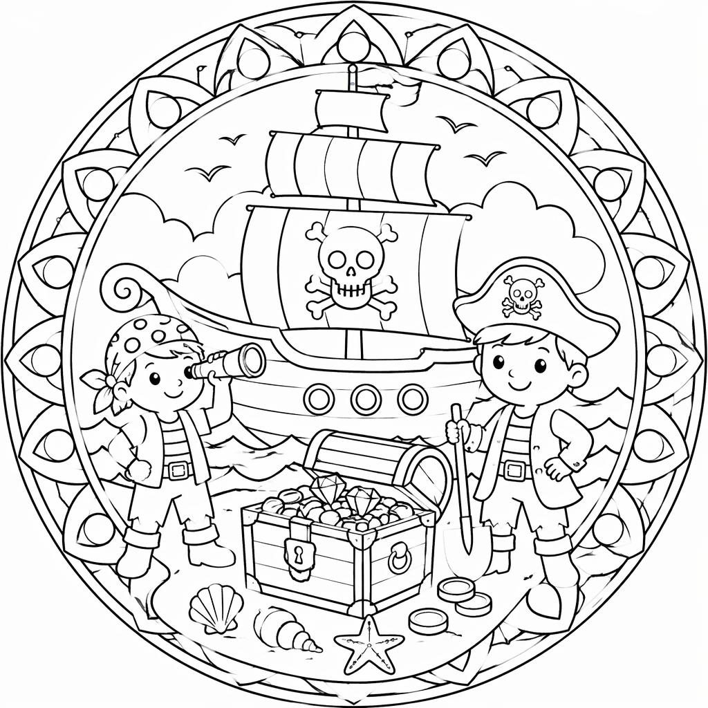 Schwarz-weiße Ausmalseite mit Piratenschiff, Schatz und kindgerechten Formen im einfachen Mandala-Linienstil.