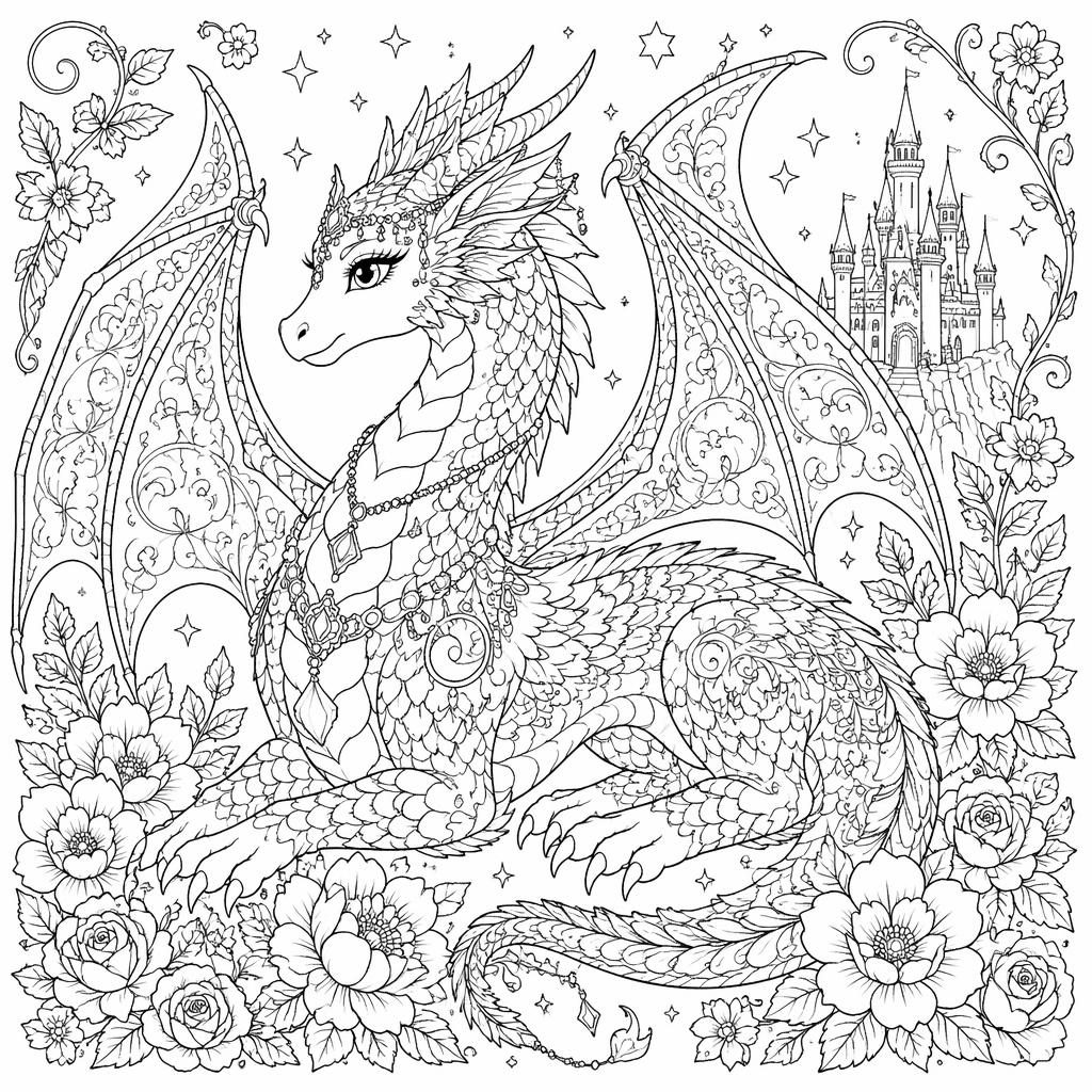 Schwarz-weißes Ausmalbild mit erwachsenem Fantasie-Drachen, filigranen Mustern und klaren Konturen auf weißem Hintergrund.