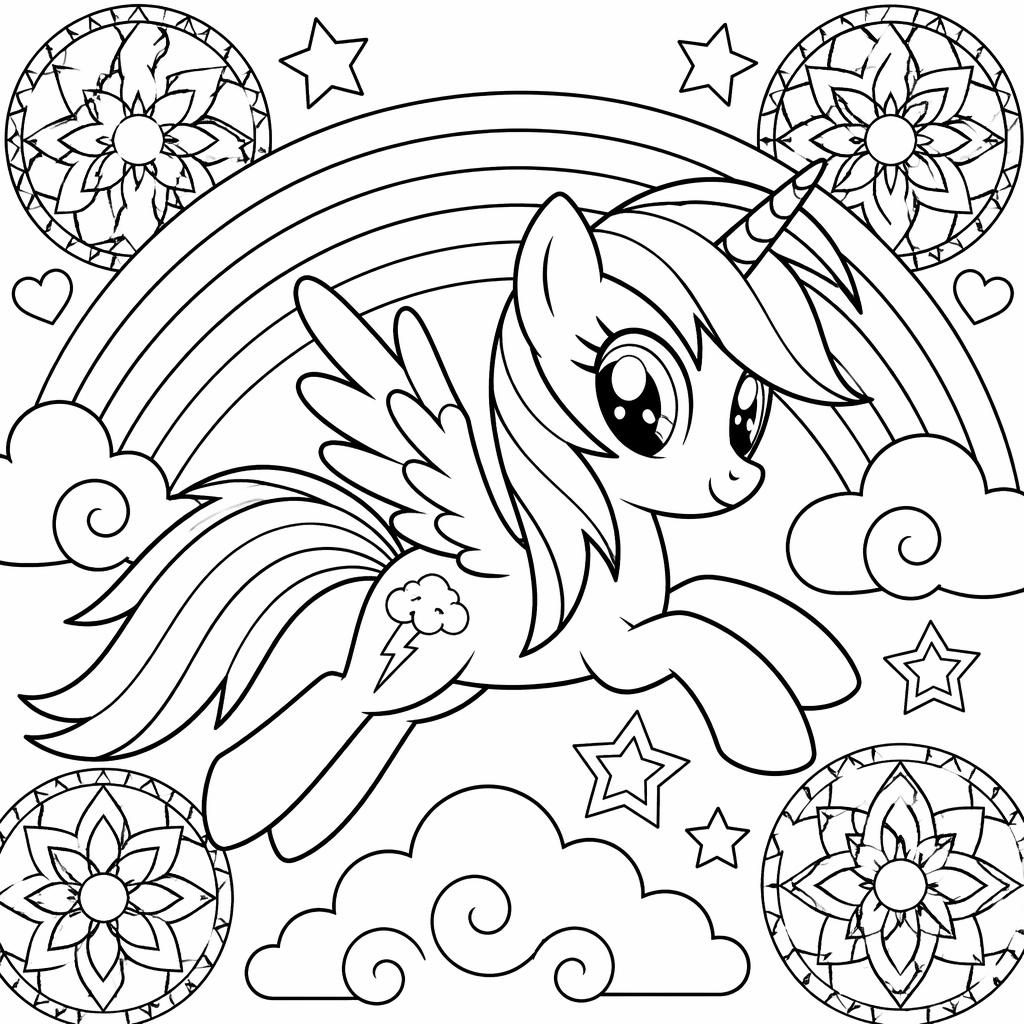 Black-and-white coloring page of a simple unicorn with a rainbow in a mandala geometric line-art style for kids.