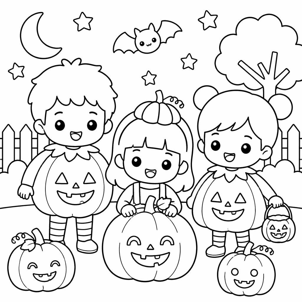 Black-and-white coloring page of happy kids with a simple Halloween pumpkin, manga-inspired line art on white.