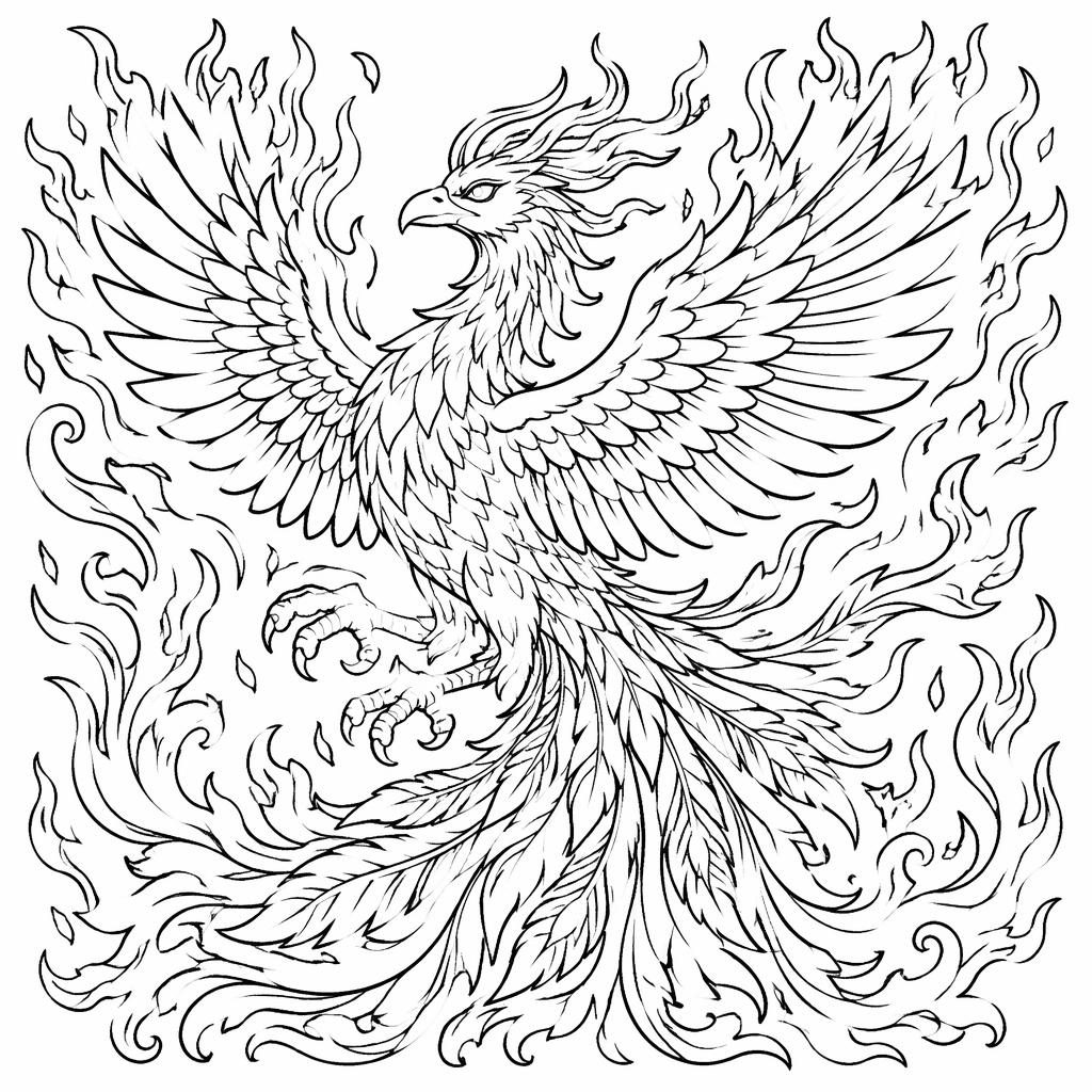 Schwarz-weiße Ausmalbild-Illustration eines erwachsenen Phönix mit Flammen und botanischen Details als Line-Art.
