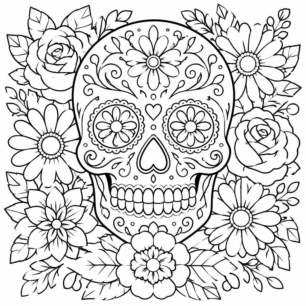 Black-and-white line art of a sugar skull with floral details in a manga-inspired coloring page style.