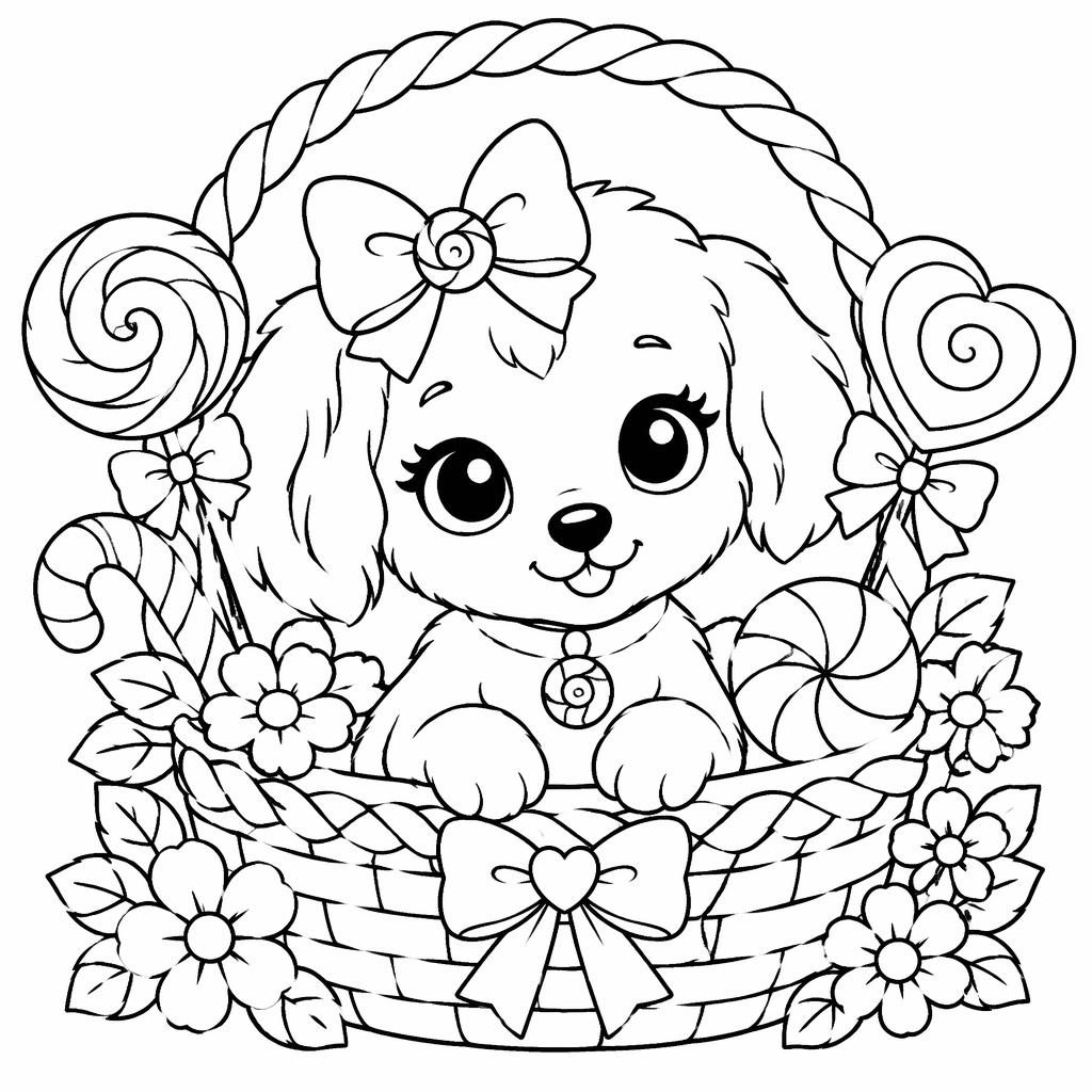 Illustration à colorier en noir et blanc d’un chiot dans un panier, style botanique simple pour enfants