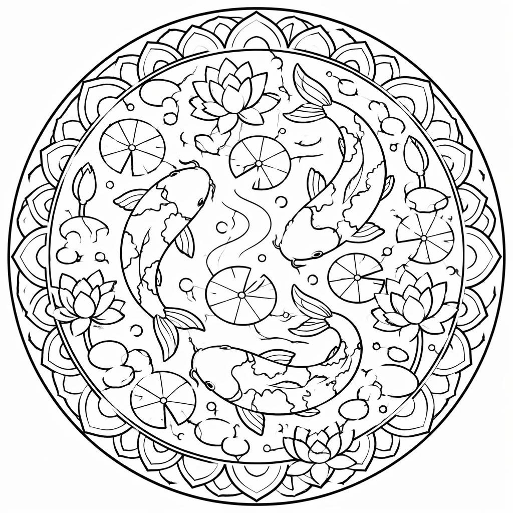 Ilustración para colorear en blanco y negro de un estanque koi simple, con líneas gruesas y estilo mandala.