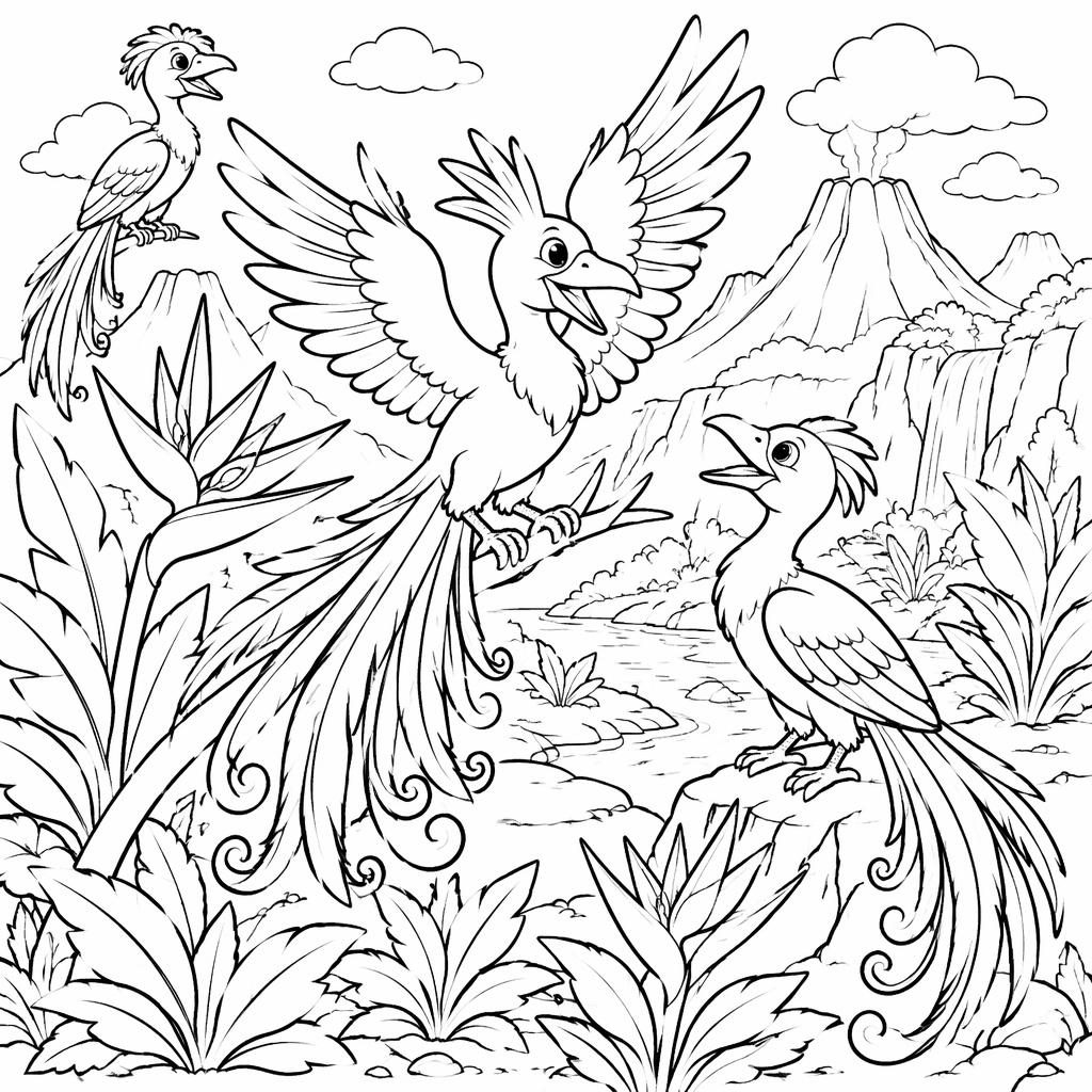 Black-and-white coloring page of cute cartoon birds of paradise with simple detailed feathers and clean bold outlines.