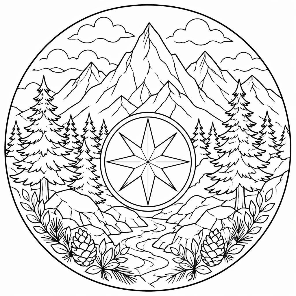Schwarz-weiße Ausmalseite mit Bergen, Kiefern und Sternmotiv im klaren Line-Art-Stil für Erwachsene