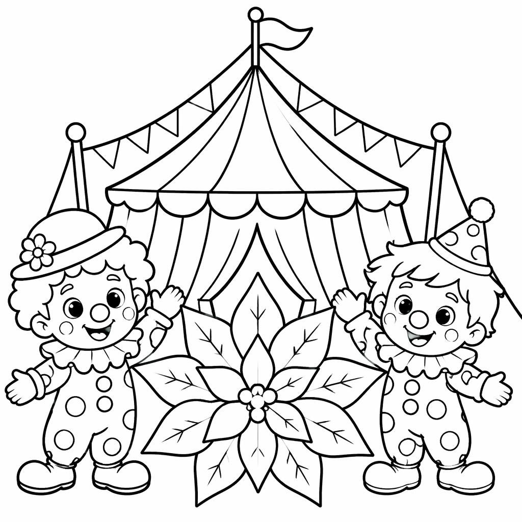 Schwarz-weiße Ausmalbild-Illustration mit Zirkuszelt, Clownkindern und einfachem Line-Art-Stil für Kinder.