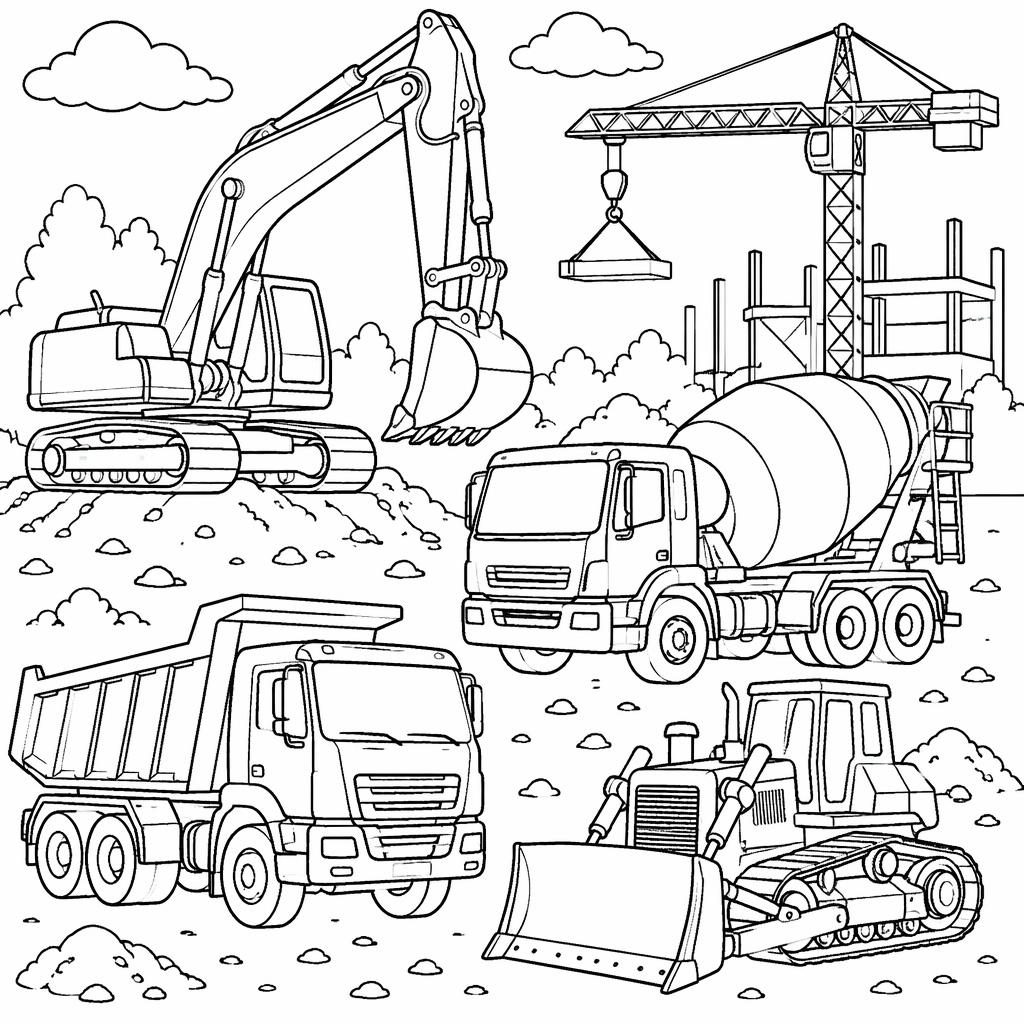 Schwarz-weiße Ausmalbild-Illustration mit kindgerechten Baufahrzeugen als klare Line-Art auf weißem Hintergrund.