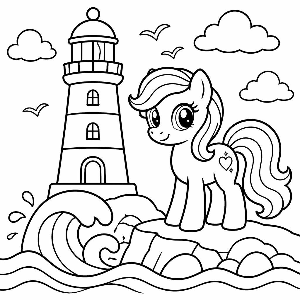 Black-and-white coloring page with a cute cartoon lighthouse and simple waves in chunky toddler-friendly outlines.