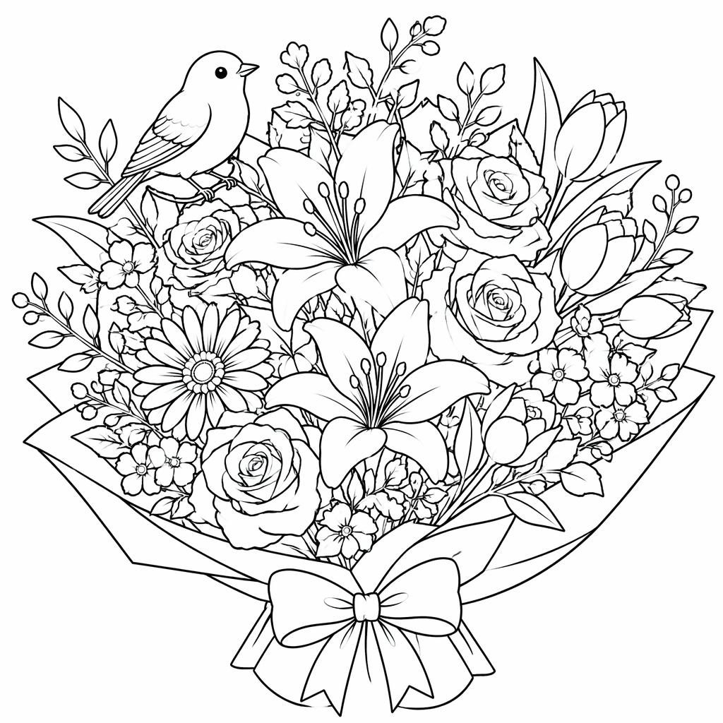 Ilustración en blanco y negro de un ramo de flores con estilo manga, contornos simples y fondo blanco para colorear.