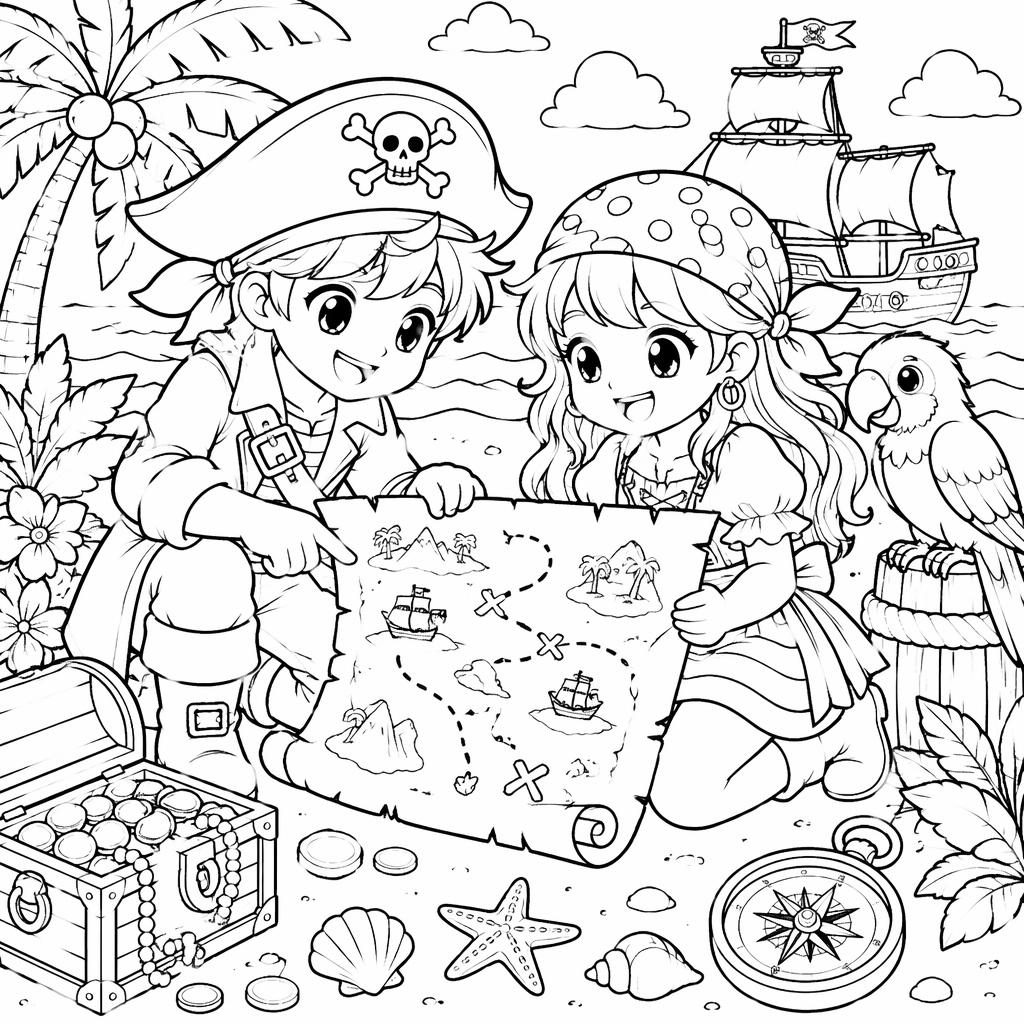Ilustración en blanco y negro de niños piratas con mapa del tesoro, estilo manga, lista para colorear.