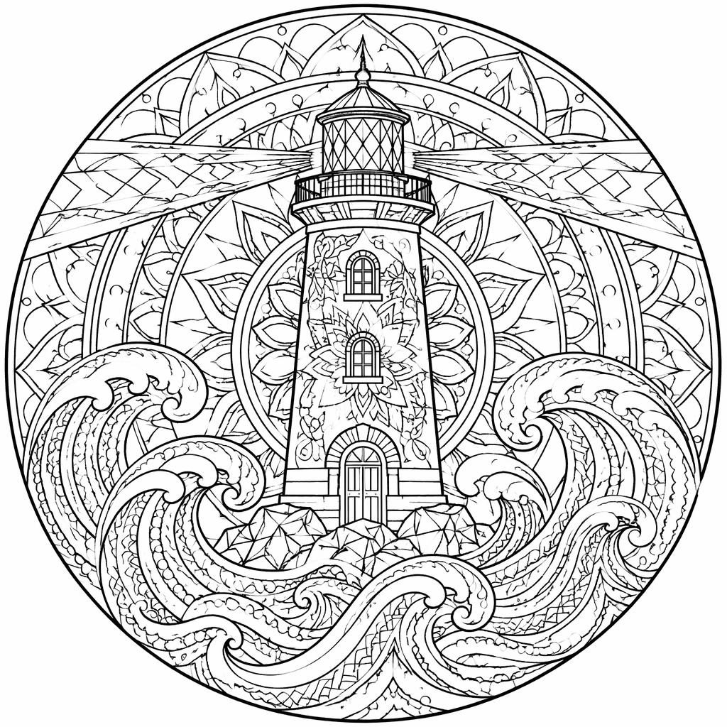 Black-and-white line art of a detailed lighthouse with ocean waves in a mandala geometric adult coloring page style.