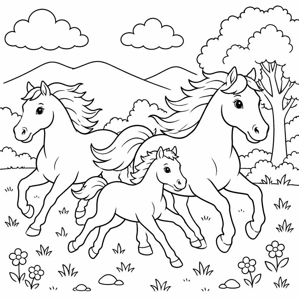 Illustration noir et blanc de chevaux mignons qui courent, style cartoon simple, contours épais sur fond blanc.