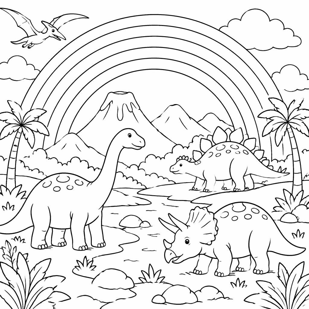 Black-and-white line art coloring page with simple dinosaur scenes for kids, clean outlines on a white background.