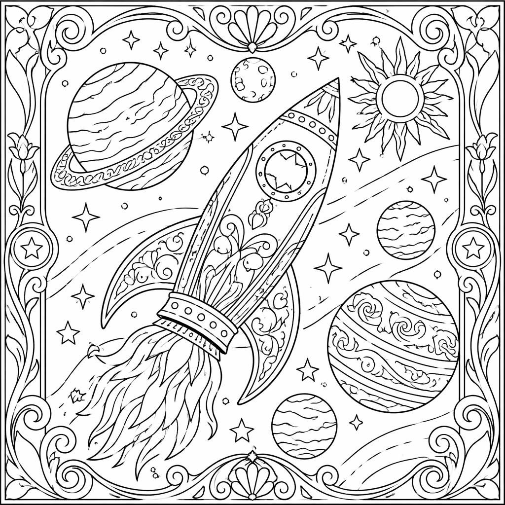 Schwarz-weiße Ausmalseite mit Weltraumrakete, Planeten und Ornamentdetails im Jugendstil für Kinder.
