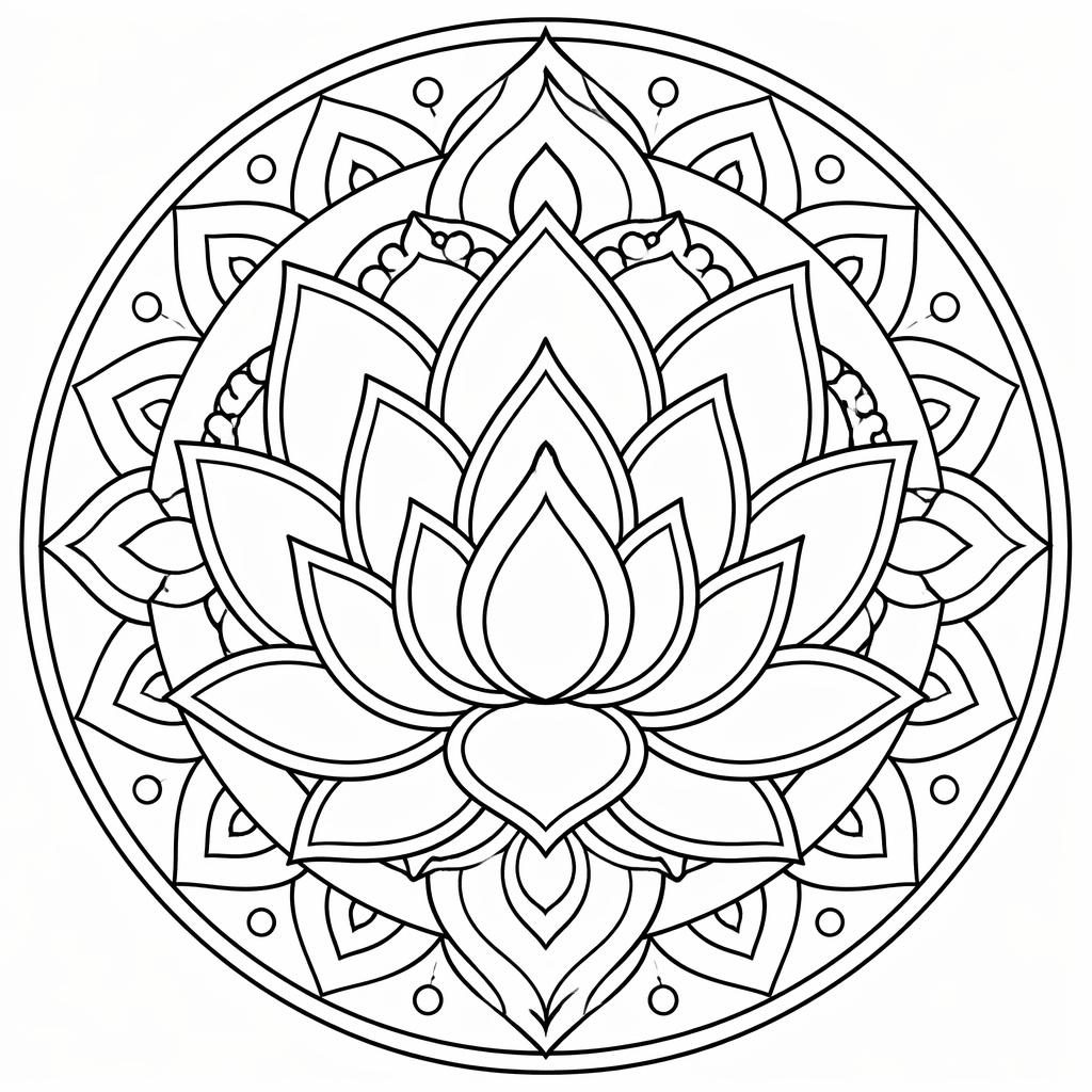 Black-and-white mandala lotus coloring page with bold geometric outlines on a white background.