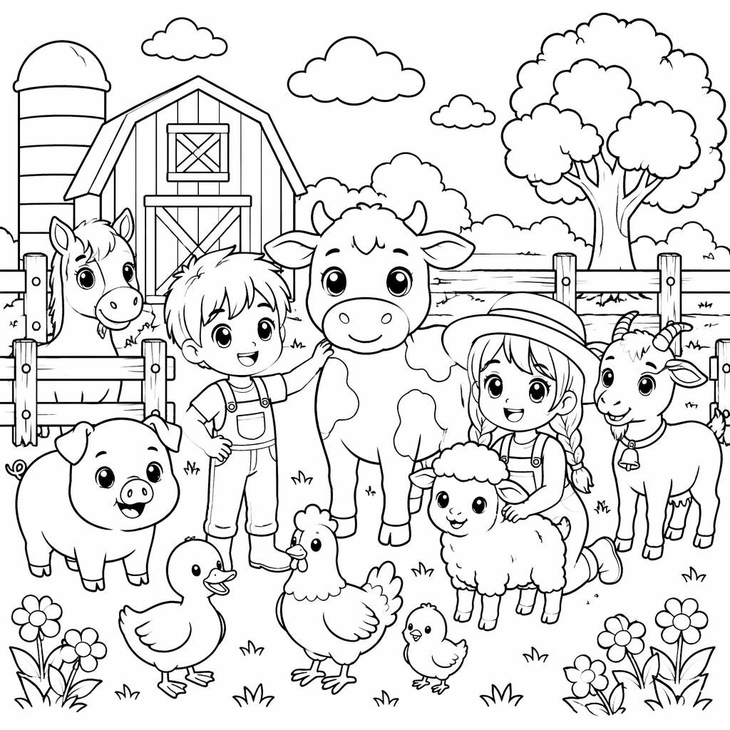 Ilustración para colorear en blanco y negro con animales de granja para niños, estilo manga y contornos limpios.