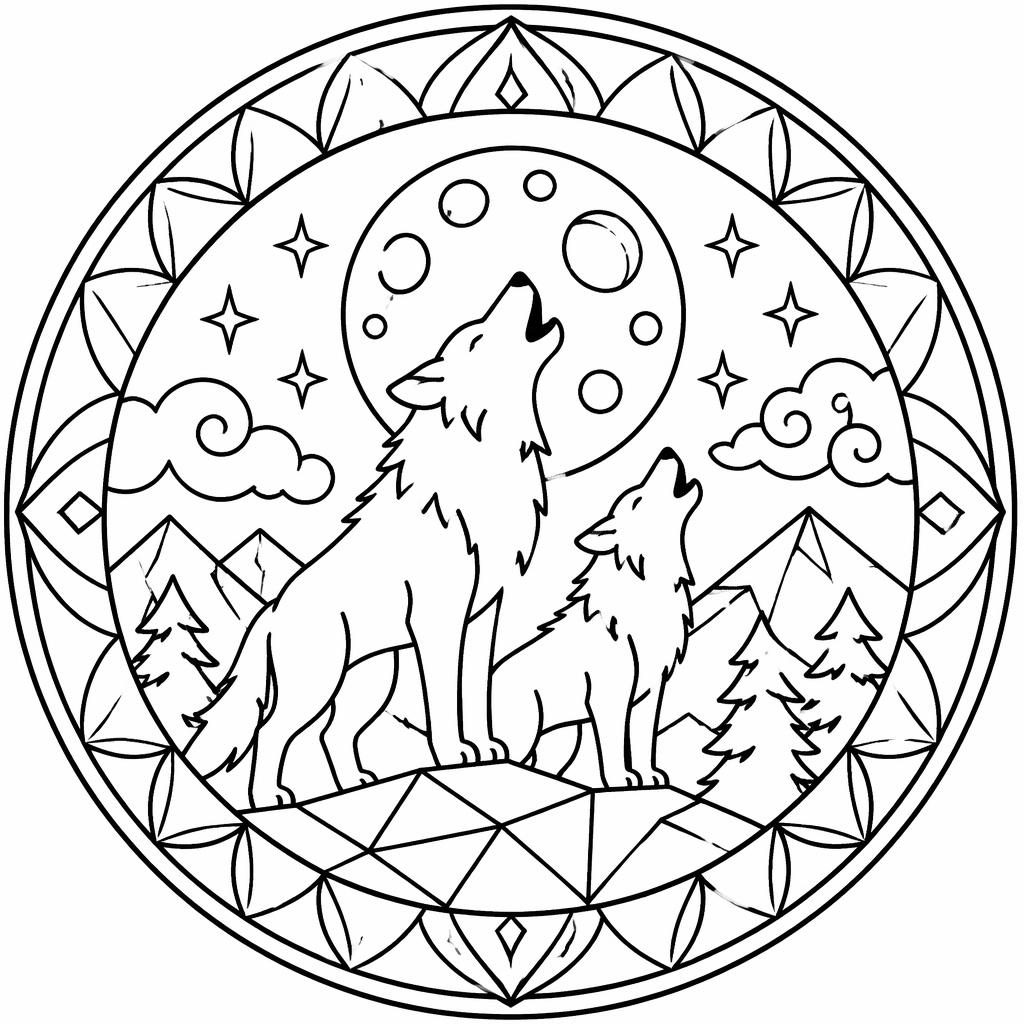 Schwarz-weiße Ausmalbild-Illustration mit heulenden Wölfen unter dem Mond im einfachen Mandala-Stil.