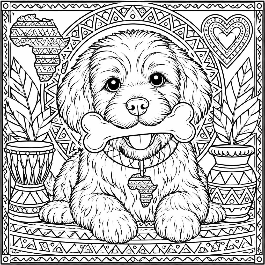 Black-and-white coloring page of a cute dog holding a bone, with intricate line art and closed shapes for kids.