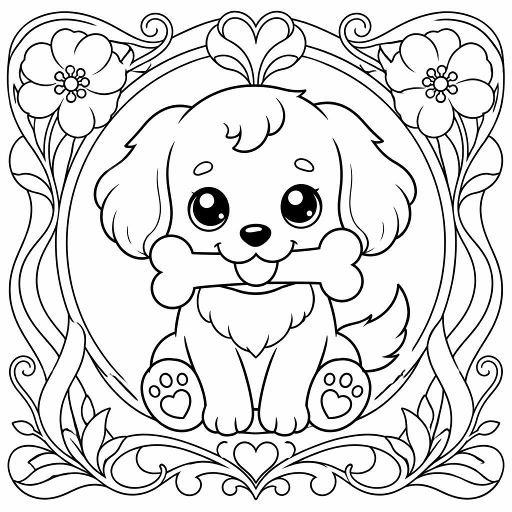 Schwarz-weißes kawaii ausmalbild mit süßem Hund und Knochen, klare Konturen im Jugendstil, zum Ausmalen