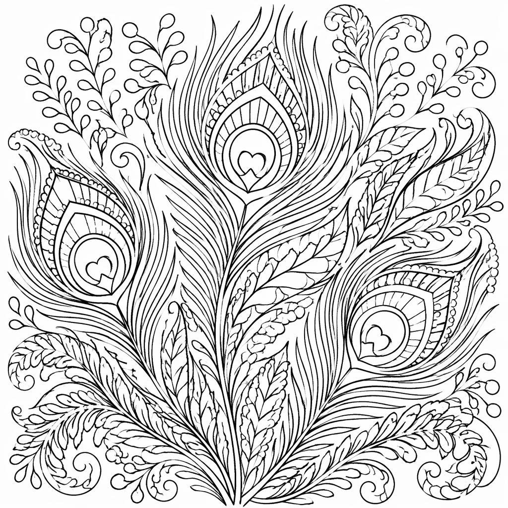 Ilustración para colorear en blanco y negro con plumas de pavo real detalladas, estilo botánico y líneas limpias.