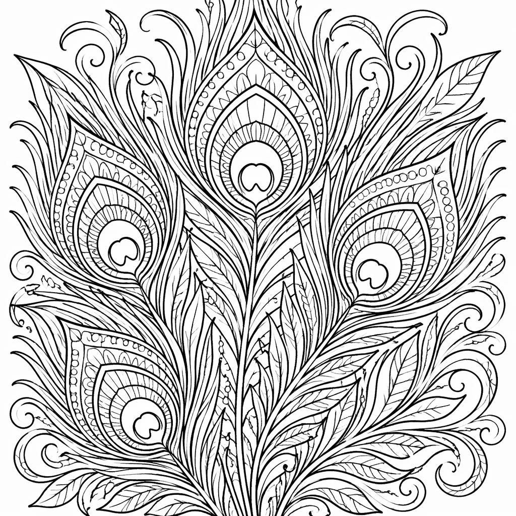 Black-and-white coloring page with detailed peacock feathers in a mandala geometric style, clean printable line art.