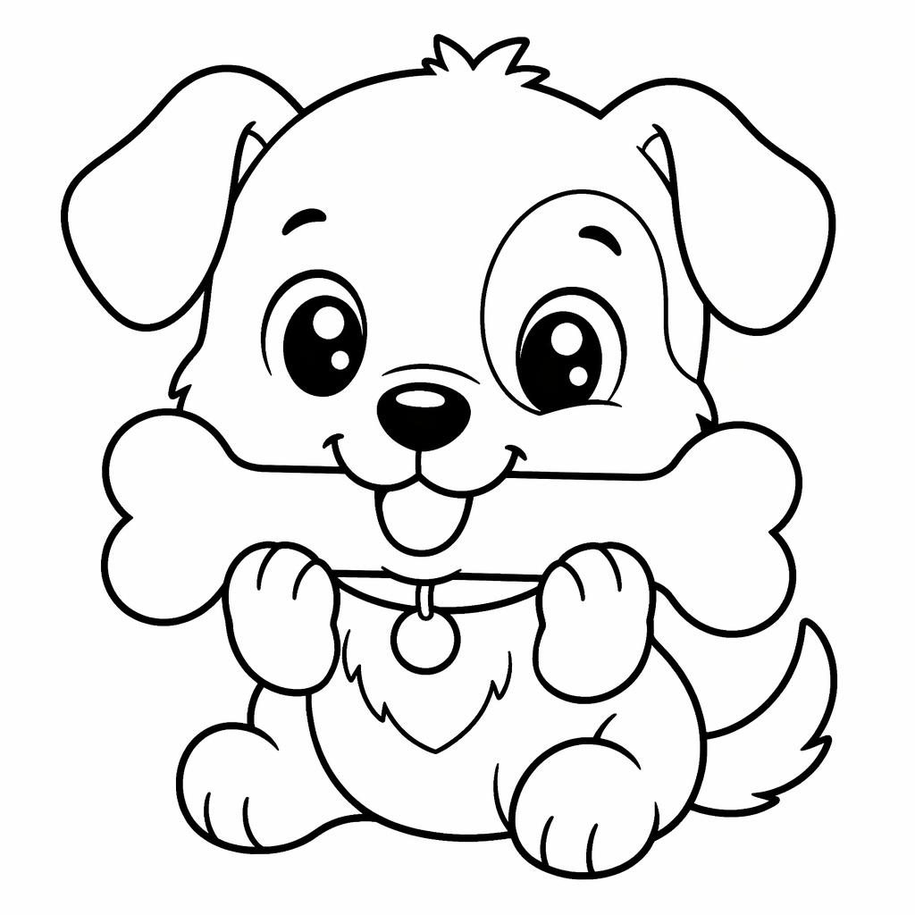 Illustration noir et blanc d’un chien mignon avec un os, style manga simple pour coloriage enfant à imprimer.