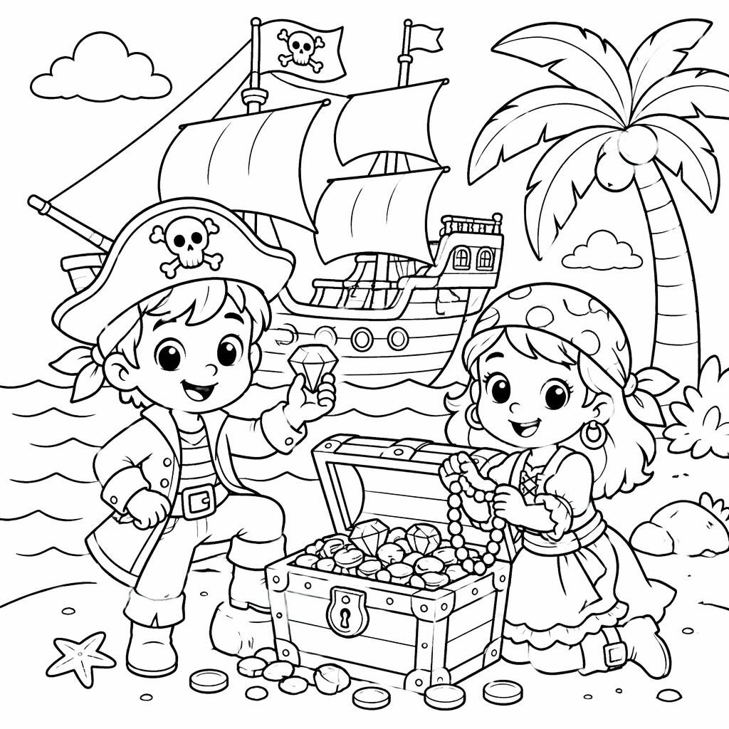 Black-and-white coloring page of a pirate ship and treasure scene for kids, with chunky outlines and clean printable line art.