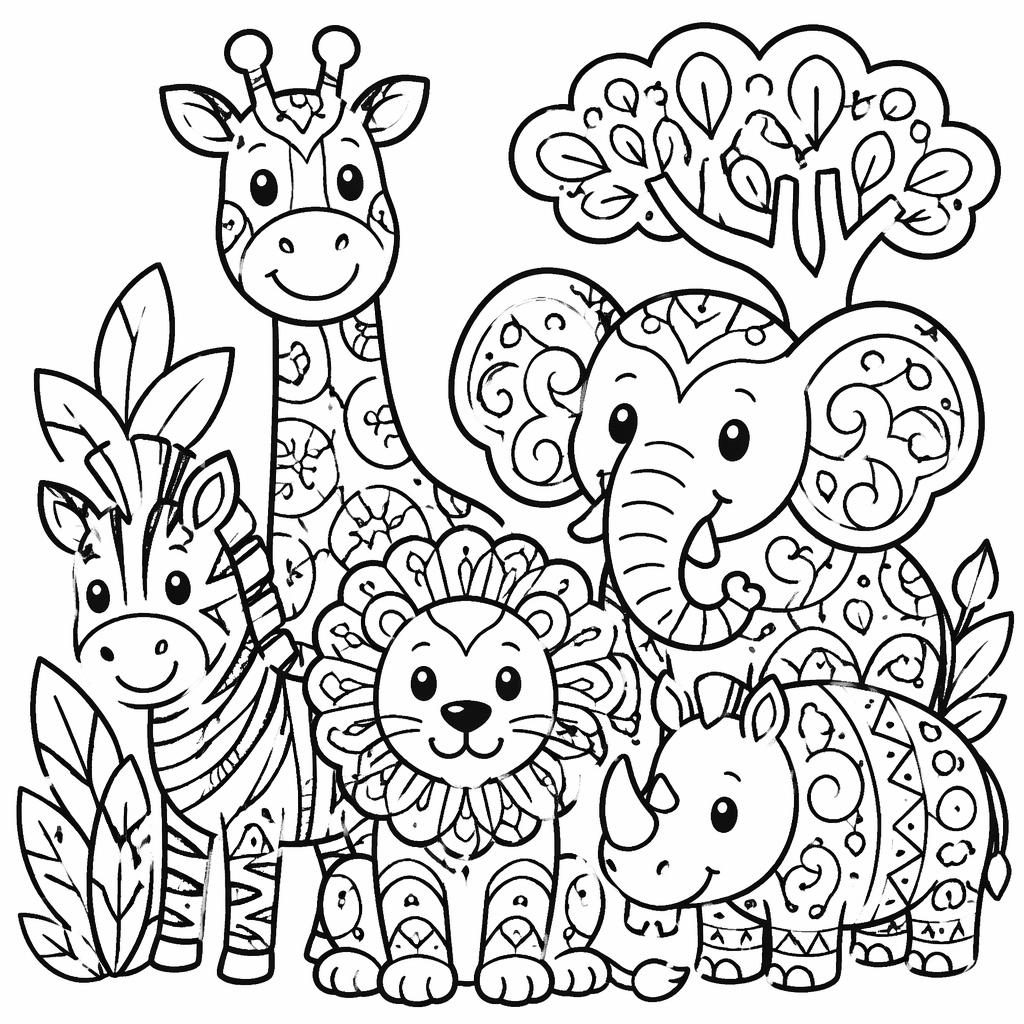 Illustration noir et blanc à colorier avec animaux de safari style zentangle, traits épais et formes simples pour enfants