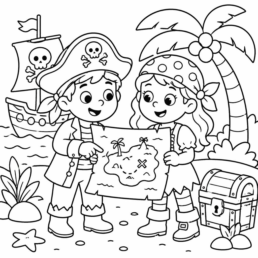 Ilustración para colorear en blanco y negro de niños piratas con mapa del tesoro y una gorra, líneas gruesas