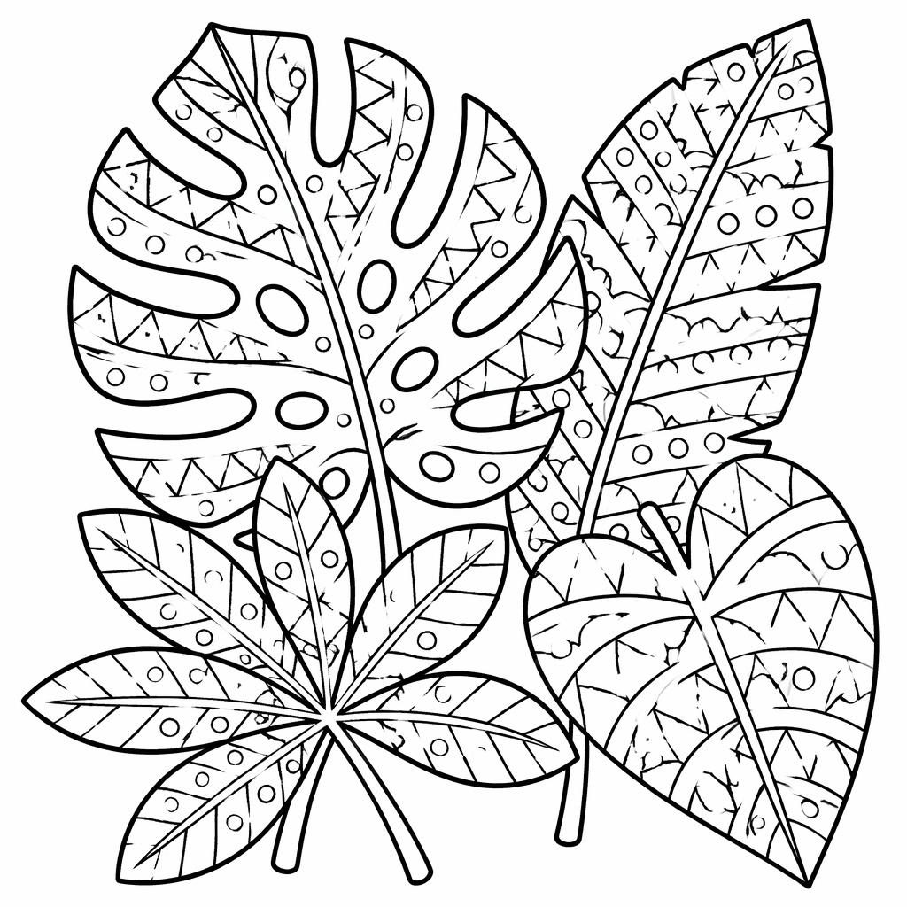 Illustration noir et blanc de feuilles tropicales en zentangle, contours simples, style mandala pour enfants.
