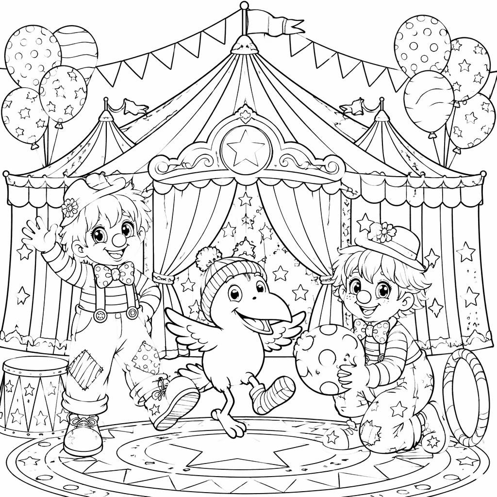 Schwarz-weiße Ausmalseite mit Zirkuszelt, Clown-Kindern und detailreichen Manga-Linien auf weißem Hintergrund.