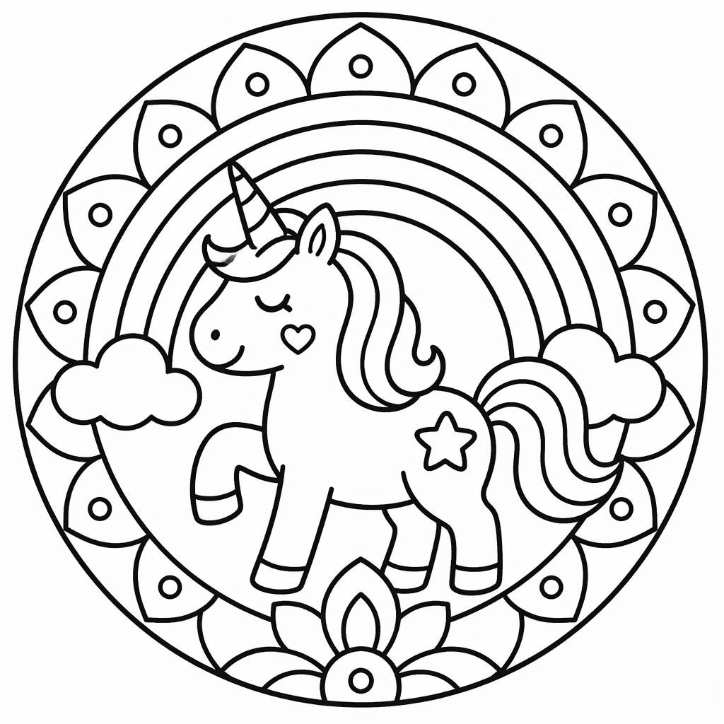 Illustration à colorier en noir et blanc d’une licorne simple avec arc-en-ciel, gros traits et style mandala.