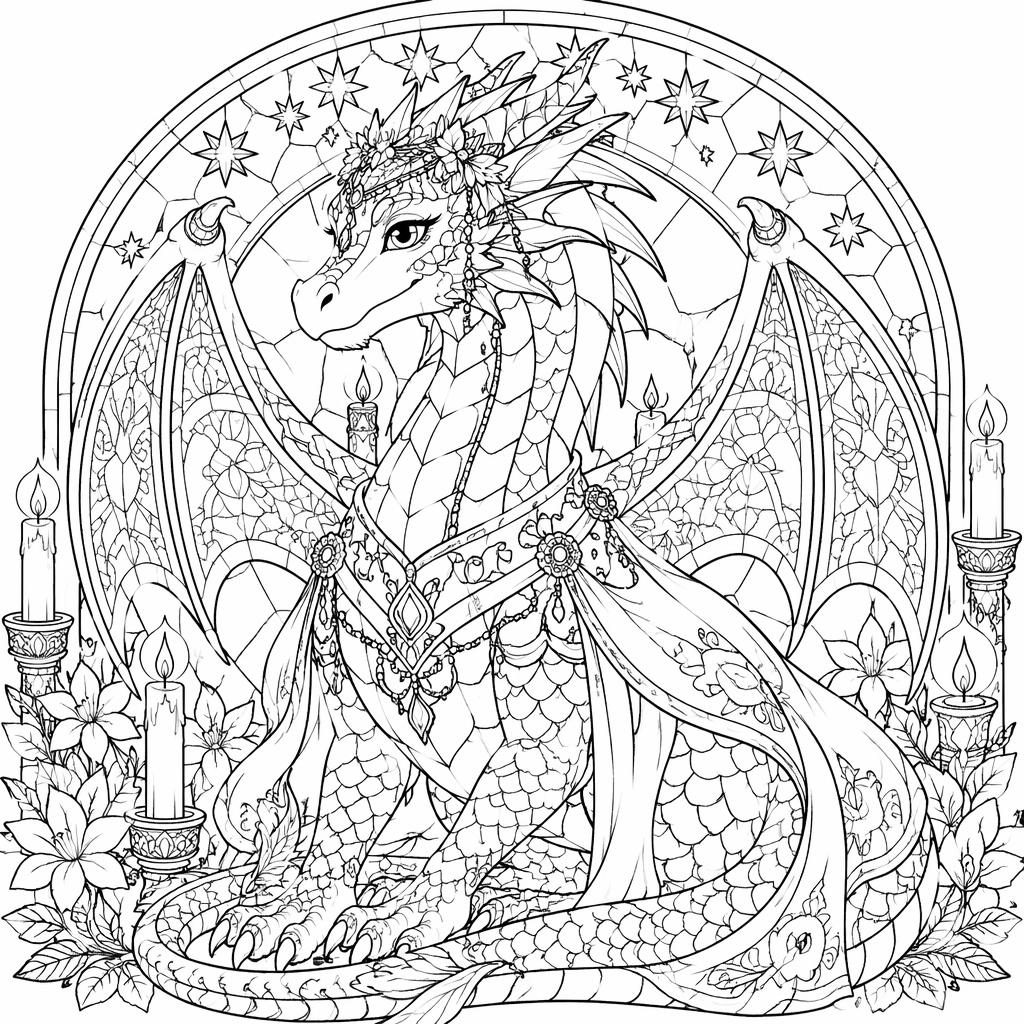 Schwarz-weißes Ausmalbild mit erwachsenem Fantasy-Drachen, filigranen Mandala-Mustern und klaren Konturen.