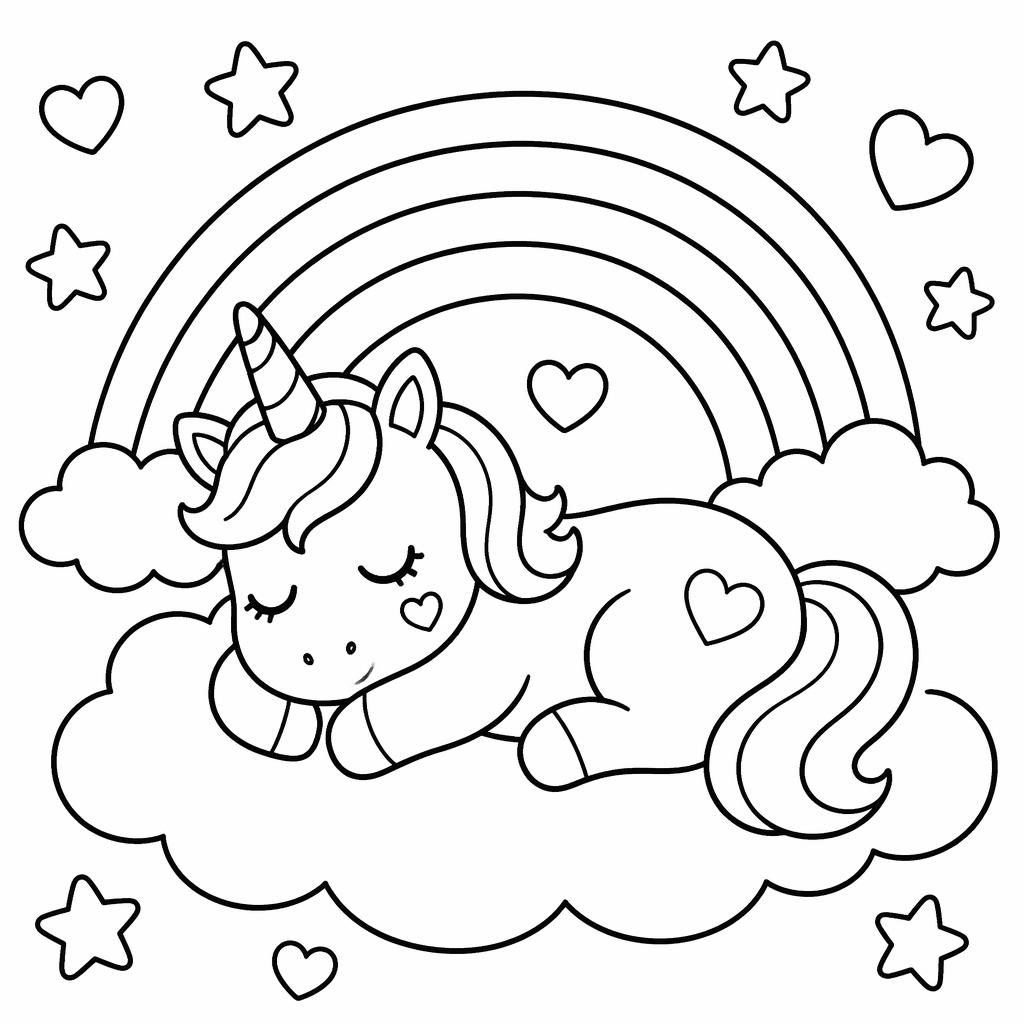 Illustration noir et blanc d’une licorne mignonne sous un arc-en-ciel, style coloriage enfant très simple.