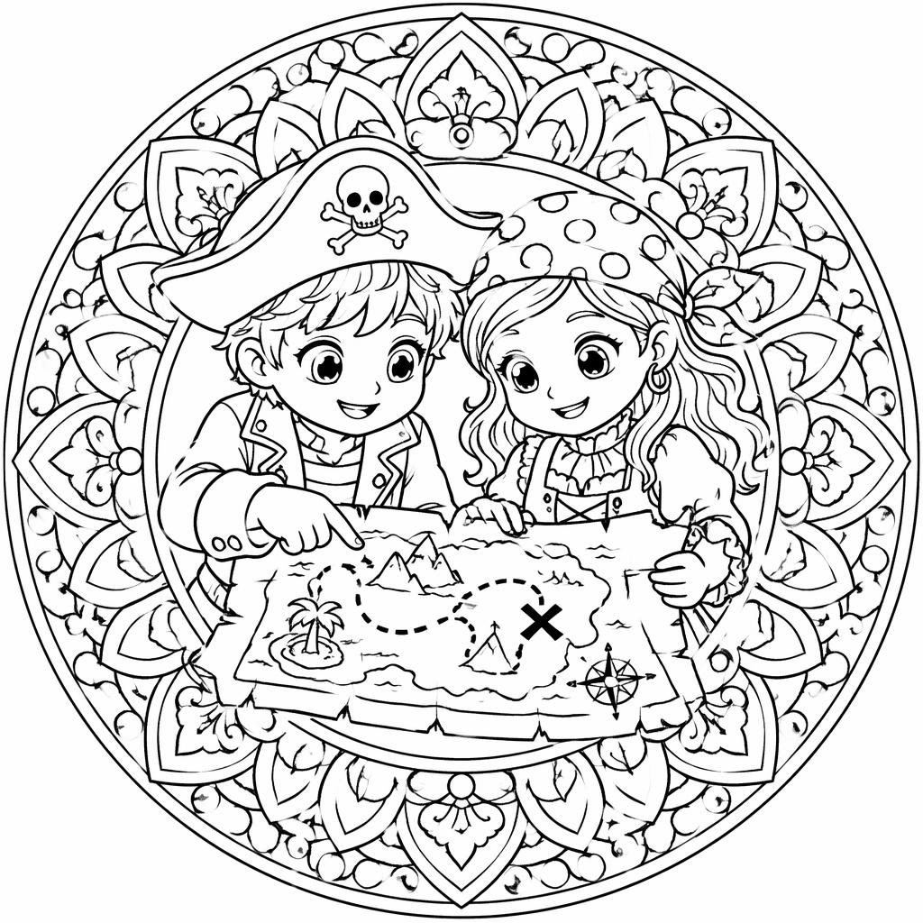 Illustration à colorier en noir et blanc de pirates enfants avec carte au trésor, en style manga détaillé.