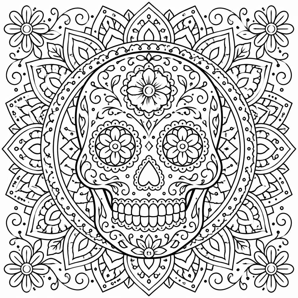 Schwarz-weiße Ausmalbild-Illustration eines Zuckerschädels im Mandala-Stil mit feinen Ornamenten und klaren Linien