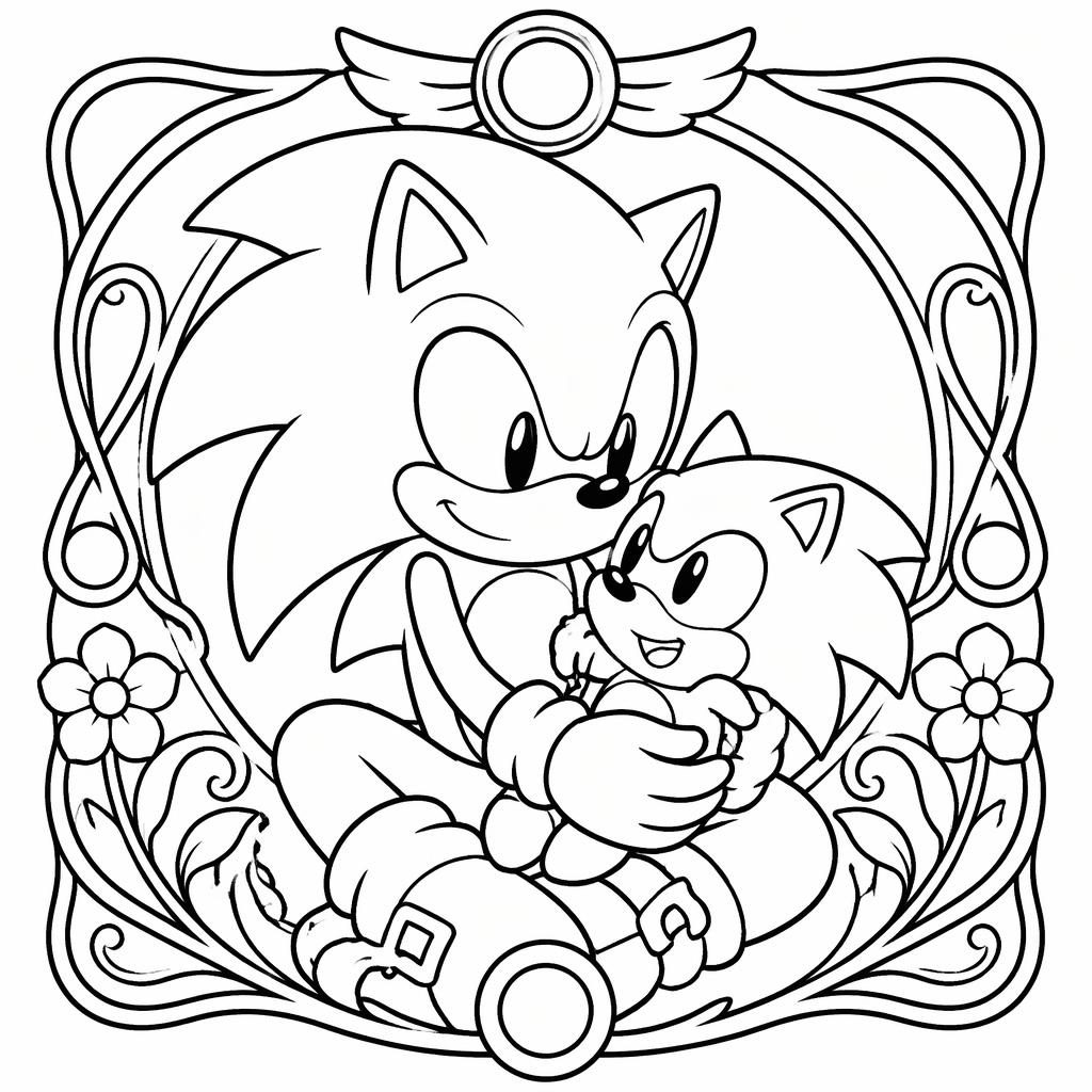 Black-and-white coloring page of mother and baby animals in an art nouveau line-art style for kids.