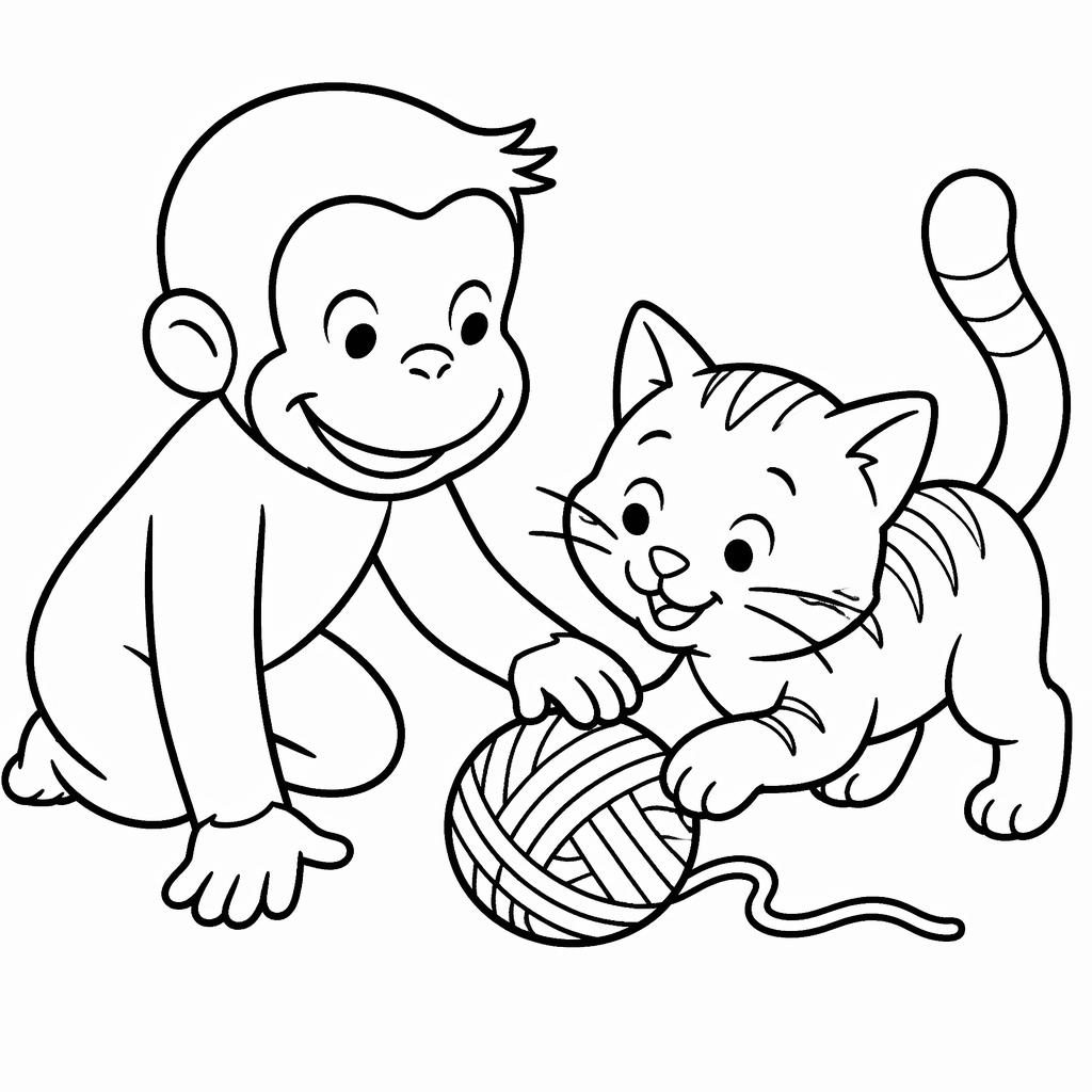 Ilustración para colorear en blanco y negro de un gato juguetón con niños pequeños, con líneas gruesas y fondo blanco.