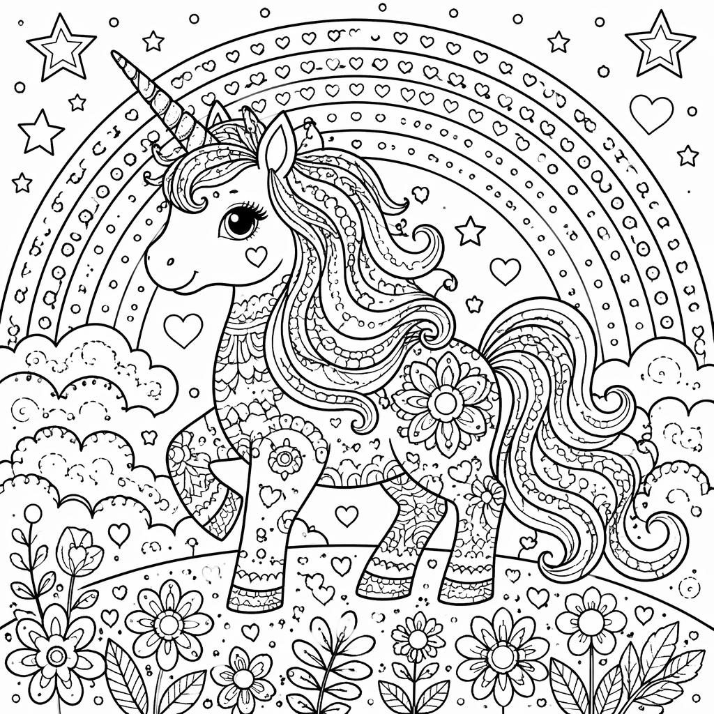 Black-and-white coloring page with a detailed unicorn, rainbow, stars, and zentangle-style patterns.