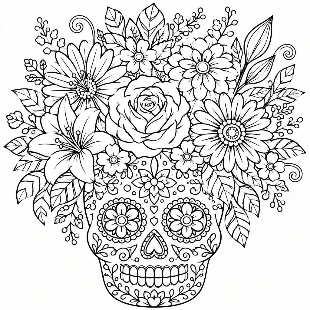 Ilustración en blanco y negro de un ramo de flores detallado, estilo mandala y doodle, lista para colorear.