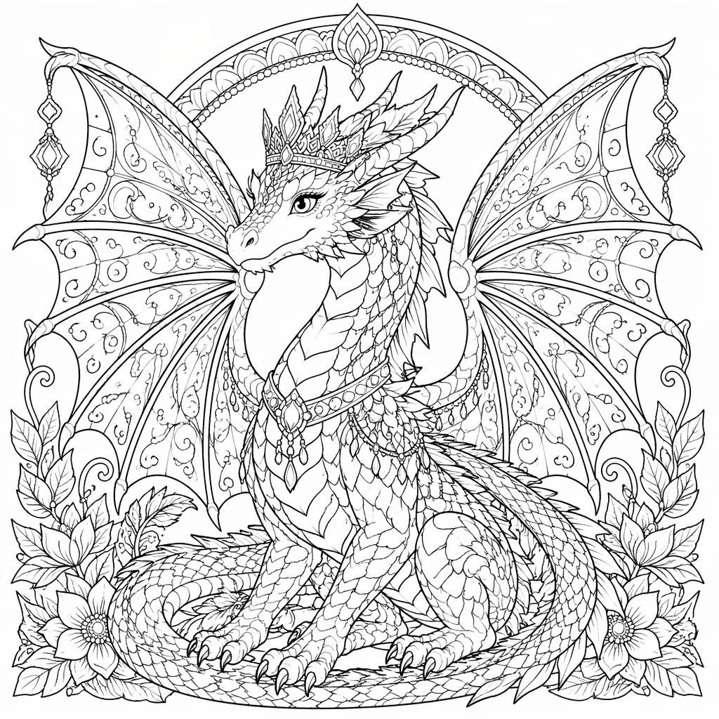 Illustration noir et blanc d’un dragon fantasy adulte, très détaillé, en contours nets sur fond blanc, style coloriage.